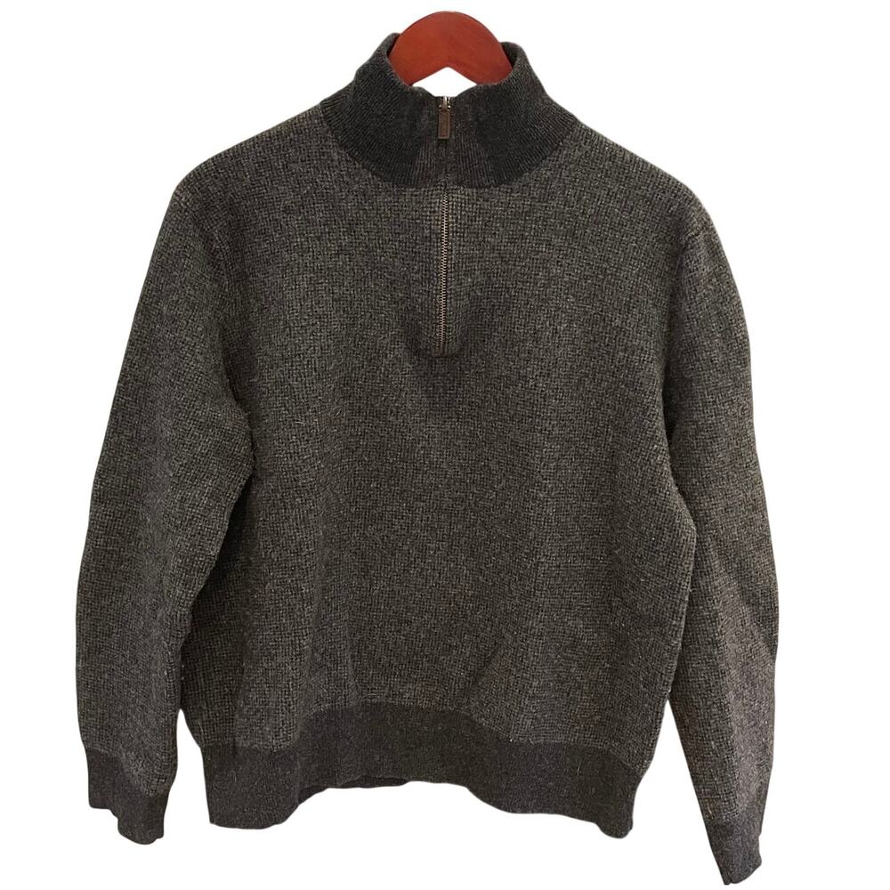 Men's Gray 100% Merino Wool Quarter Zip Long Sleeve Sweater, Minimalist, M